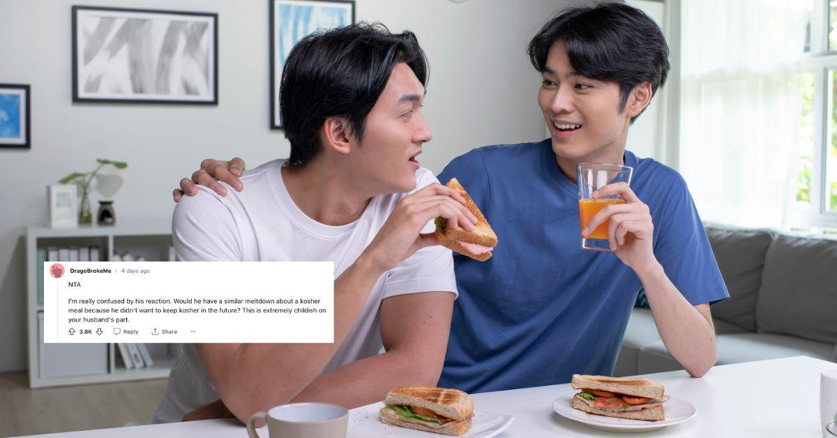 A young Asian couple eating sandwiches together. 