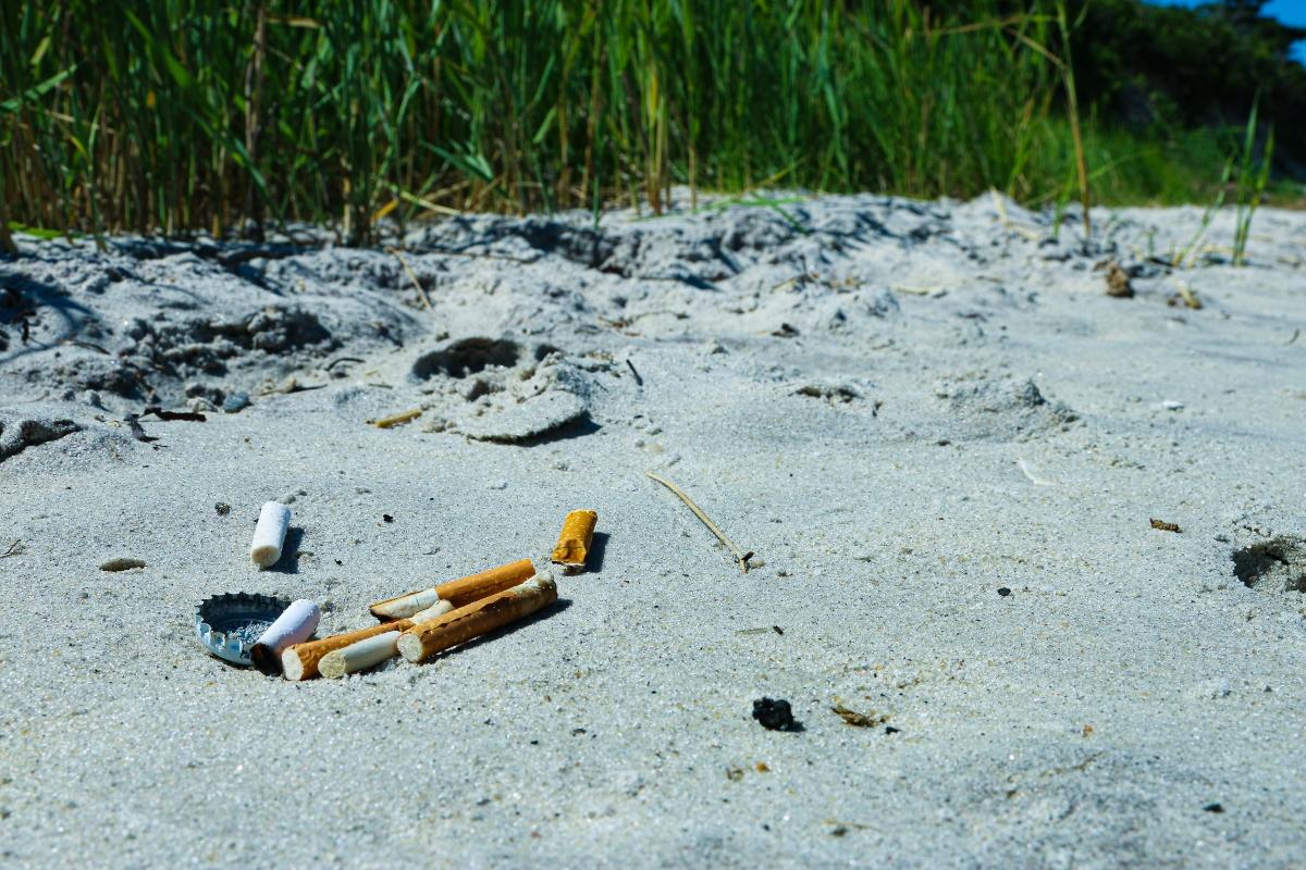 Cigarette butts and bottle cap litter on beach