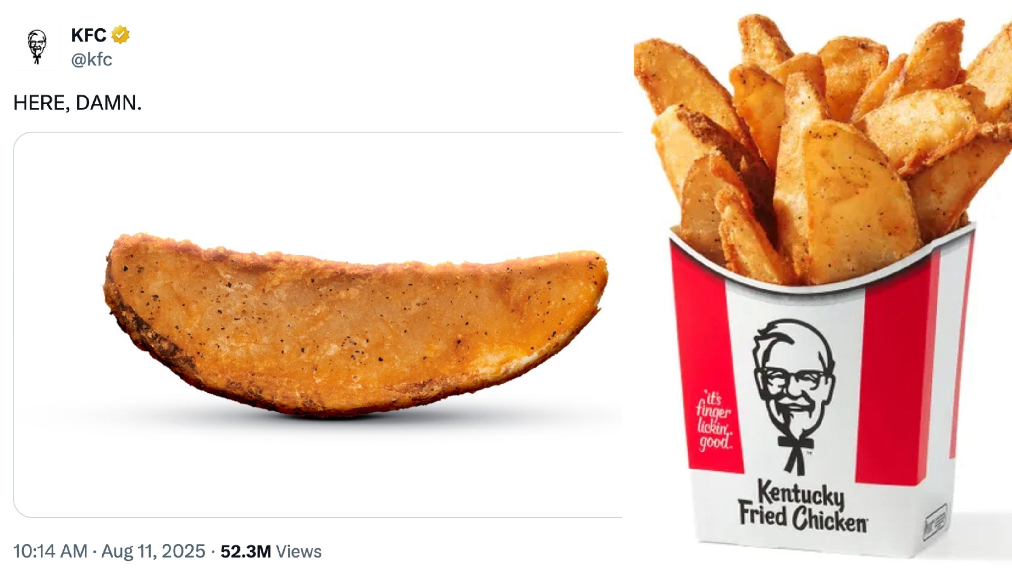 A Tweet by the KFC X account features its potato wedges,