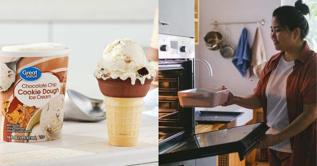 (L) Photo of Great Value ice cream. (R) A woman placing a tray inside the microwave. (Representative Cover Image Source:  | (L) Walmart Website, (R) Pexels Anna Shvets)