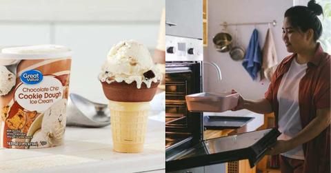 (L) Photo of Great Value ice cream. (R) A woman placing a tray inside the microwave. (Representative Cover Image Source: | (L) Walmart Website, (R) Pexels Anna Shvets)