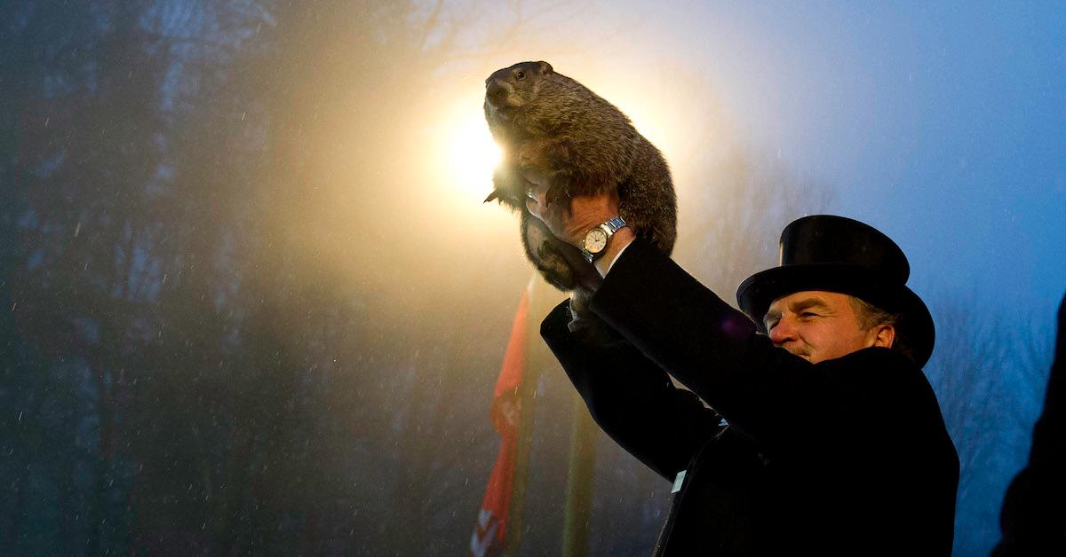 A man in a black top hat holds a groundhog up in front of the sky