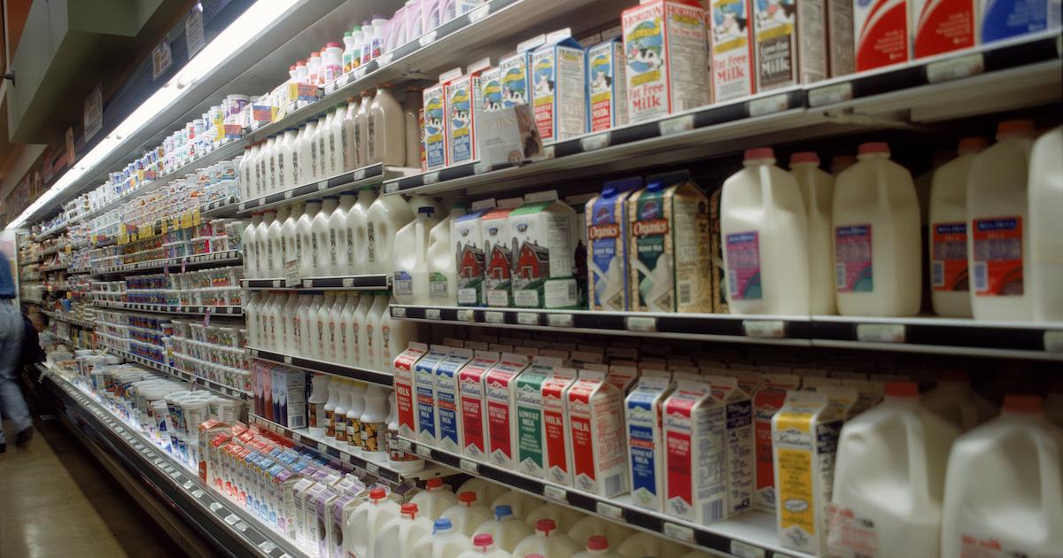 Assorted milk in a dairy aisle