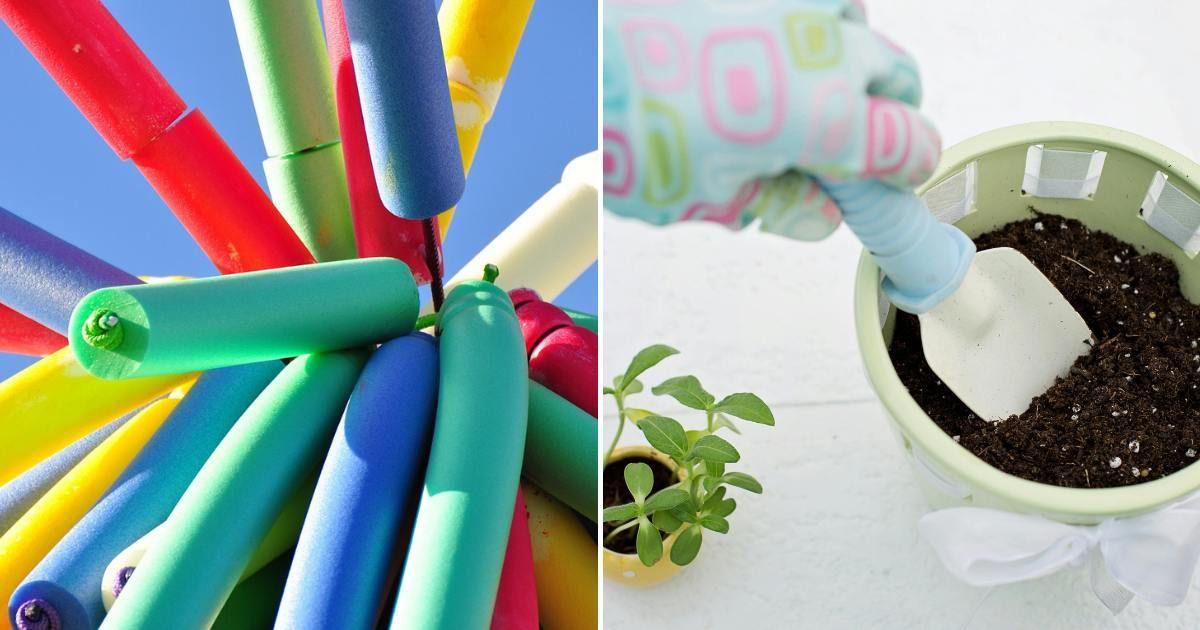 (L) A bunch of colorful pool noodles strung together. (R) A person preparing a pot for planting. (Representative Cover Image Source: (L) Pixabay | Gominola_79, (R) Pexels | Jill Wellington)