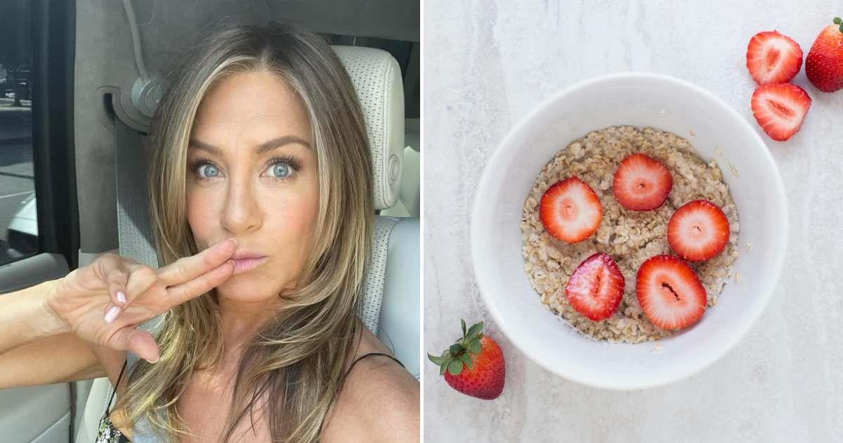 (L) Actress Jennifer Aniston poses for a selfie in her car. (Cover Image Source: Instagram | @jenniferaniston) (R) A bowl of oatmeal with strawberries. (Representative Cover Image Source: Pexels | Keegan Evans)