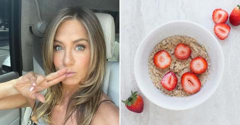 (L) Actress Jennifer Aniston poses for a selfie in her car. (Cover Image Source: Instagram | @jenniferaniston) (R) A bowl of oatmeal with strawberries. (Representative Cover Image Source: Pexels | Keegan Evans)