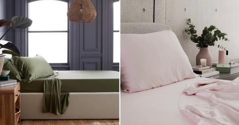 Bed made with green silky sheets, bed made with pink silky sheets