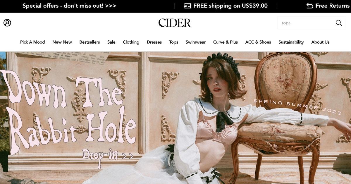 A screenshot of Cider's homepage, featuring a model wearing a pink and white dress, with the text "Down the Rabbit Hole."