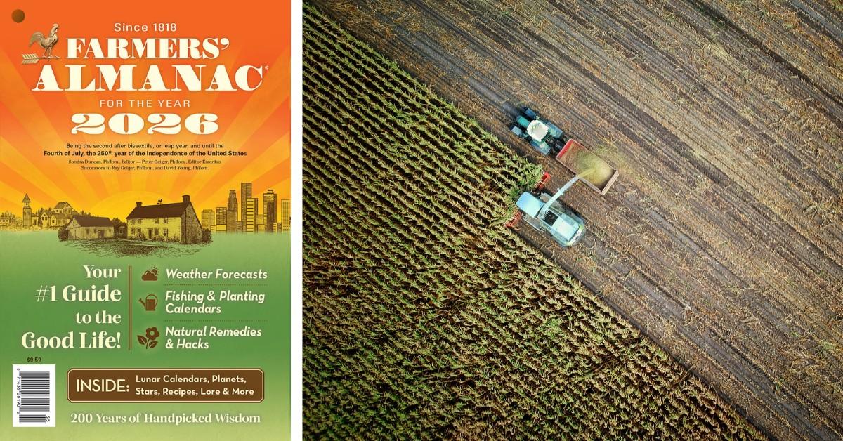 The final issue of the Farmers' Almanac sits next to an overhead view of farmers working the field