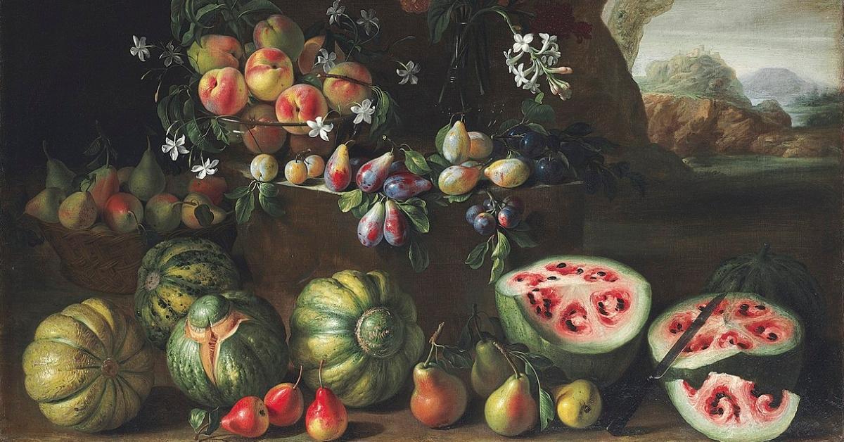 Giovanni Stanchi's painting: Watermelons, peaches, pears and other fruit in a landscape, oil on canvas