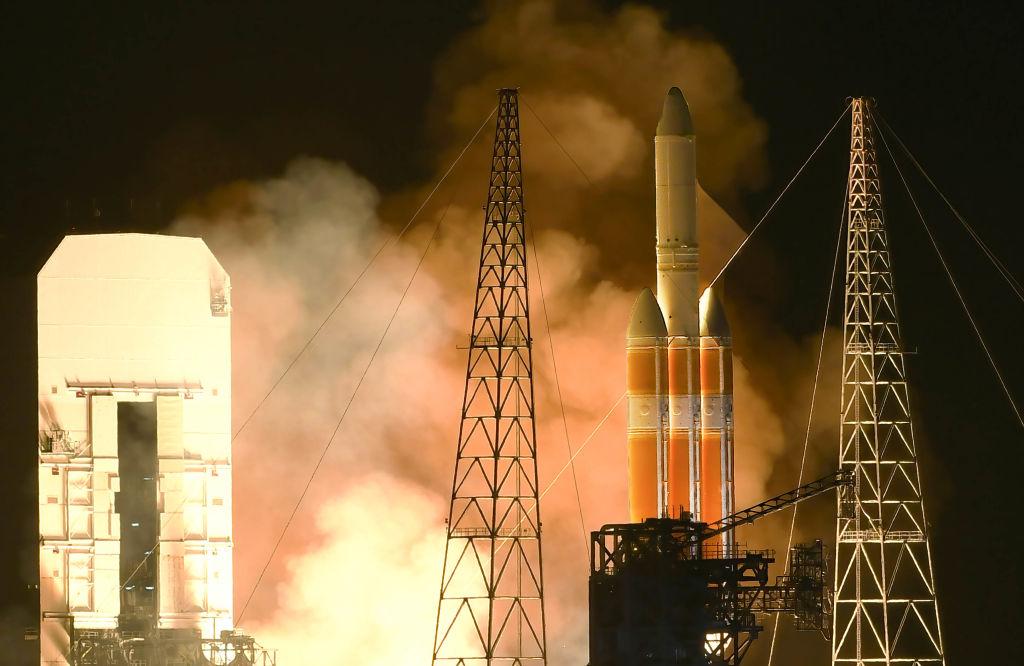 A United Launch Alliance Delta IV Heavy rocket lifts off at Cape Canaveral Space Force Station carrying a classified spy satellite for the National Reconnaissance Office.