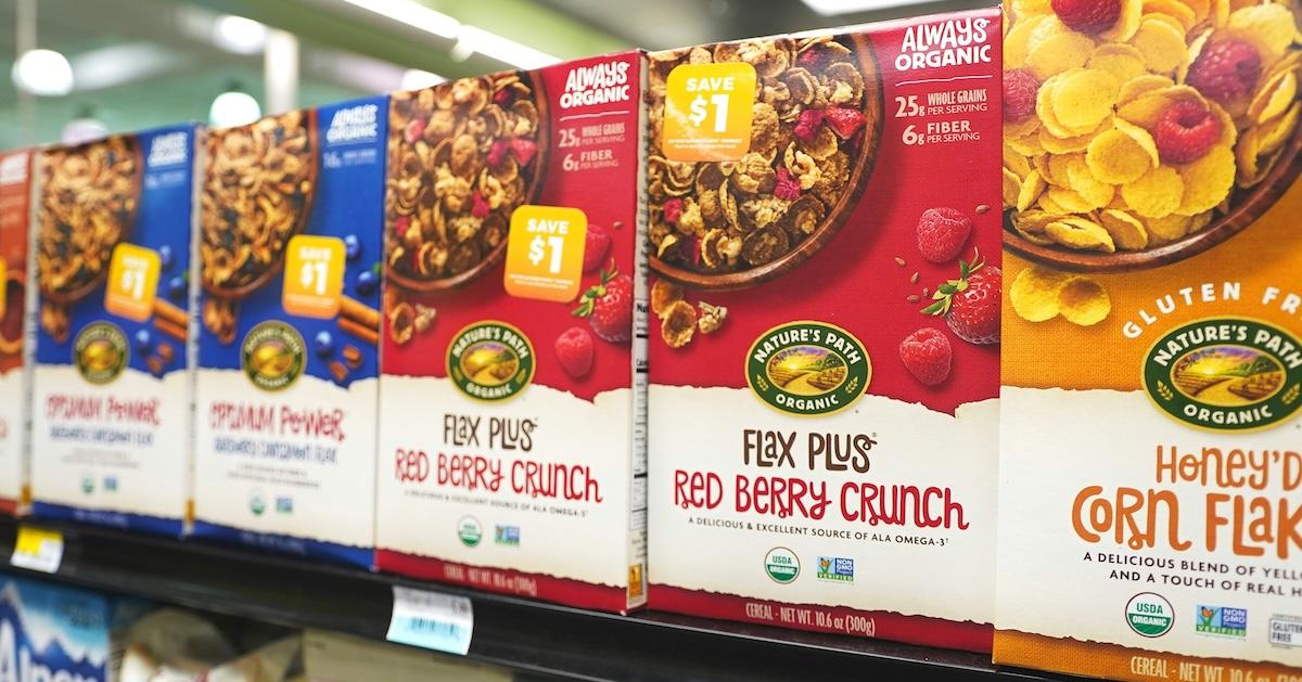 Boxes of Nature's Path cereal on store shelf