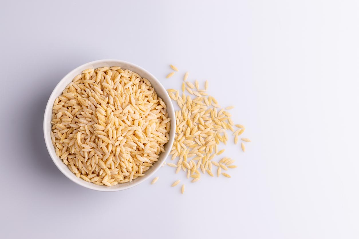 Orzo pasta in a white bowl against a white background. 