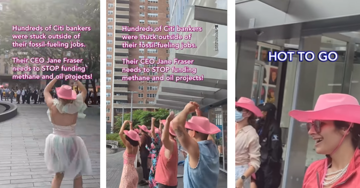 Protesters wear pink as they gather in front of Citibank headquarters in New York City