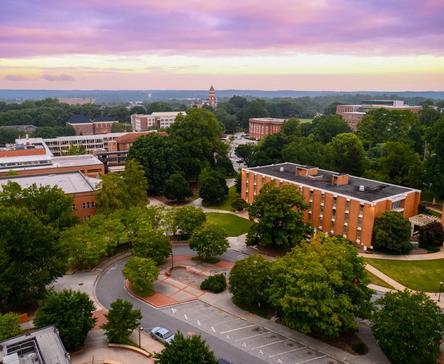 Clemson University is pictured from above at sunrise.