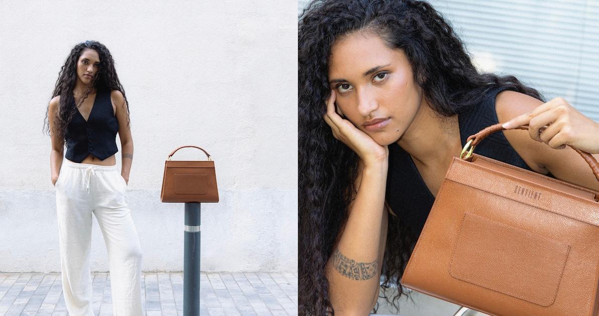 In two photos, a model poses with a tan Sentient handbag.