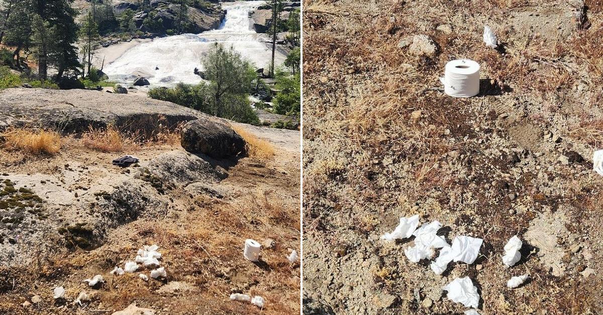 Two photos of toilet paper rolls and balled-up toilet paper at Yosemite National Park