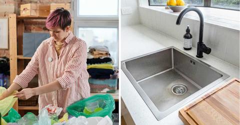 (L) Woman disposes of items in the kitchen. (R) A kitchen sink with a garbage disposal machine underneath. (Representative Cover Image Source: (L) Pexels | Julia M Cameron), (R) Unsplash | Callum Hill)