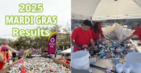 (L) Volunteers collect cans after the Mardi Gras carnival 2025; (R) Volunteers sorting through waste cans (Cover Image Source: Instagram | @groundskrewe)