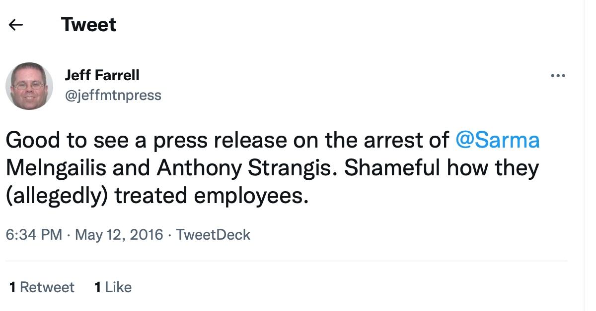 A tweet about Anthony Strangis's arrest