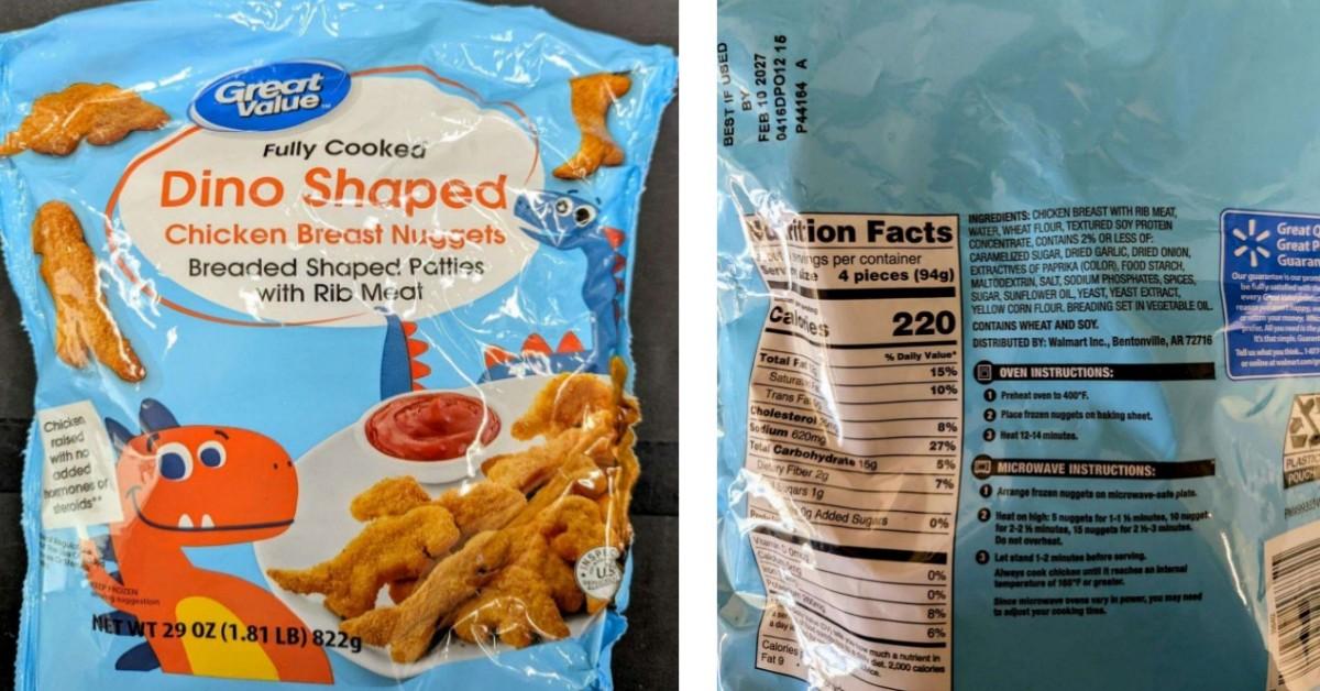 The front and back of the Great Value brand dino nuggets package 