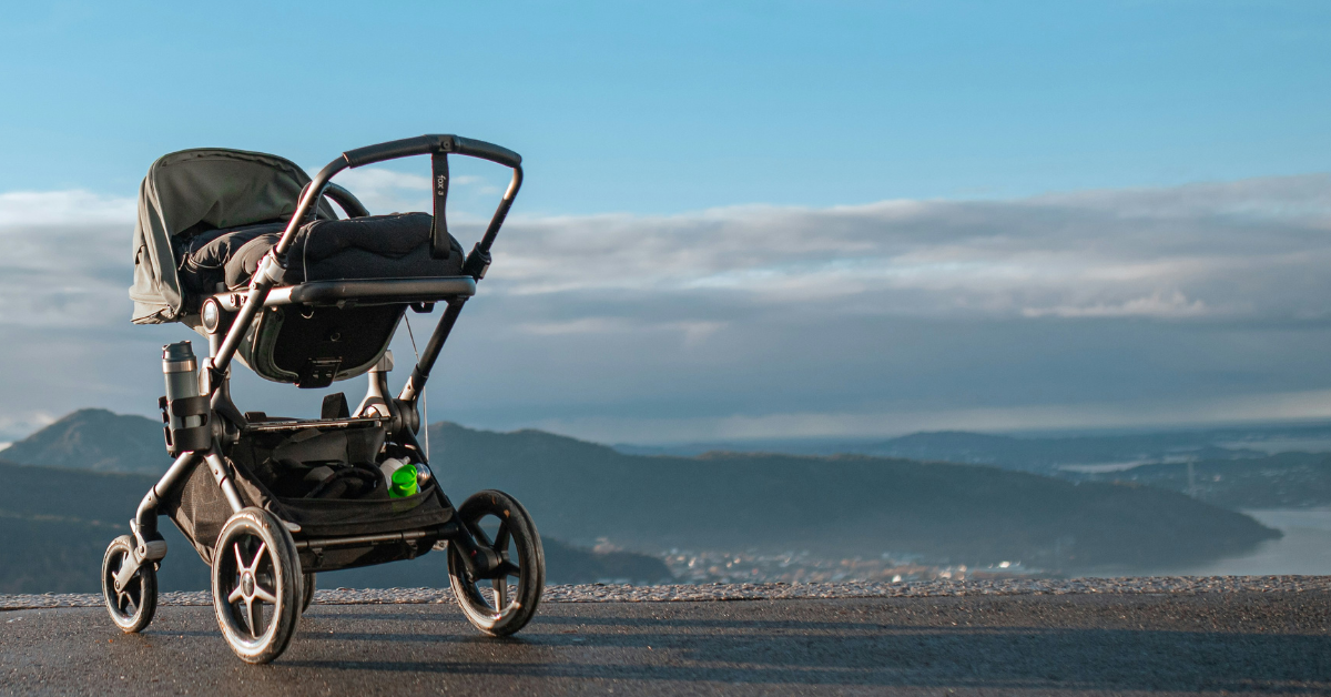 A closeup of a stroller sitting on the blacktop in front of a scenic view
