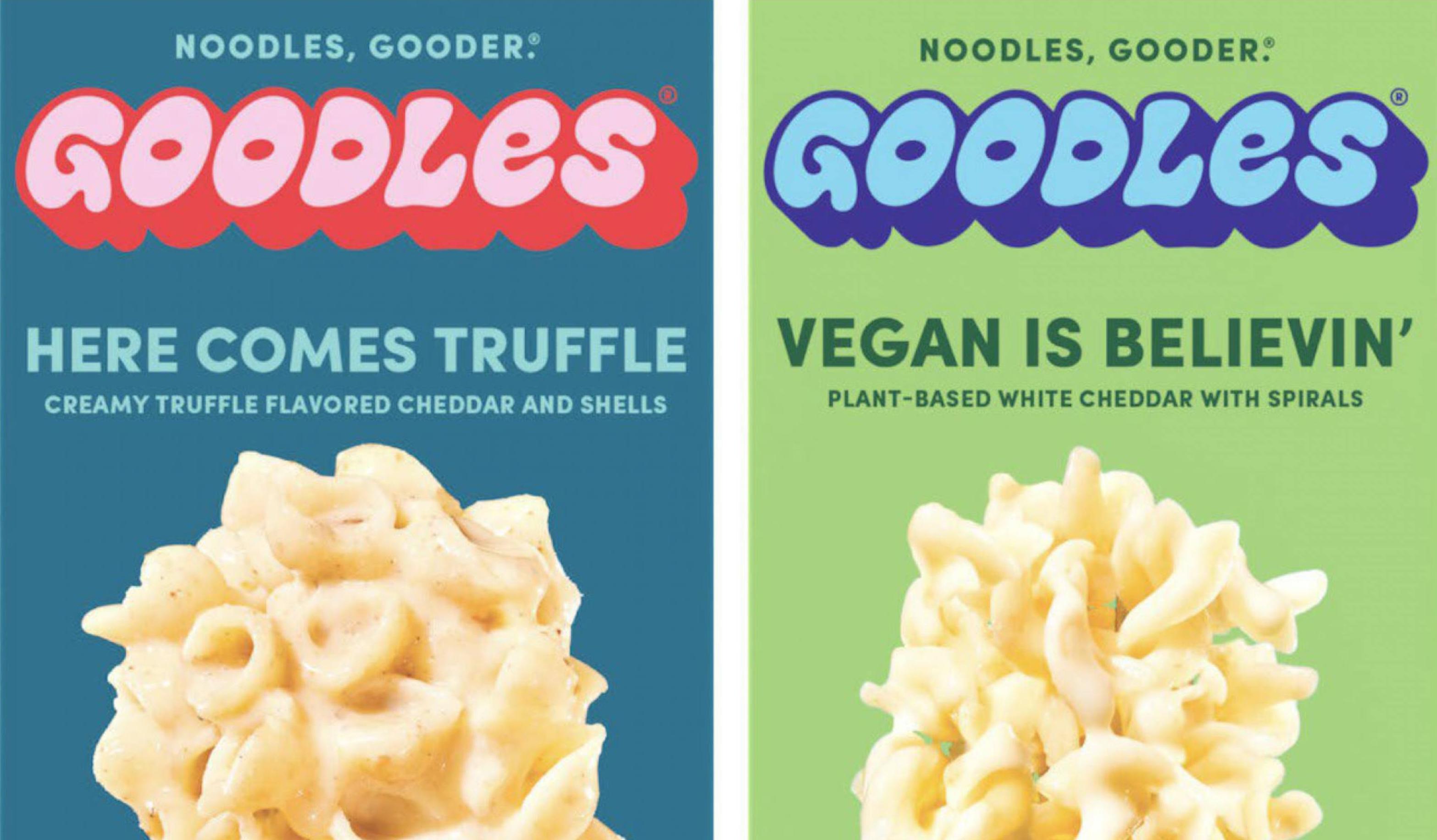 Two vegan mac and cheese boxes are pictured.