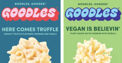 Two vegan mac and cheese boxes are pictured.