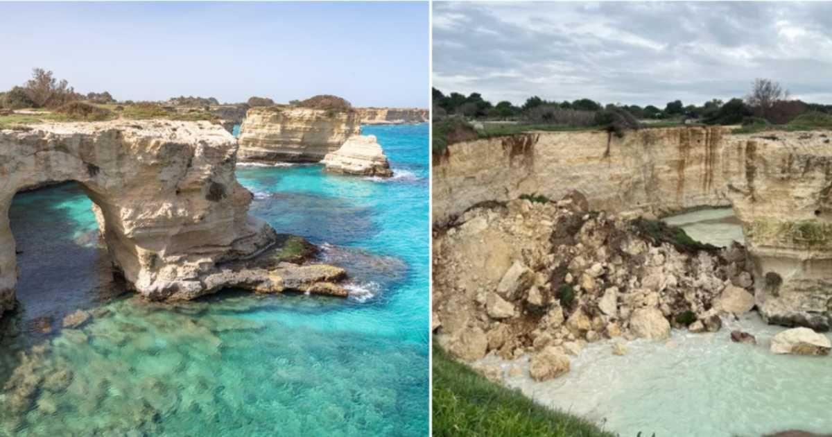 (L) Italy's famous Lovers' Arch; (R) The Lovers' Arch destroyed by coastal erosion. (Cover Image Source: Accuweather | (L) Francesco Riccardo lacomino via Getty Images; (R) Paolo Manzo | NurPhoto via Getty Images)