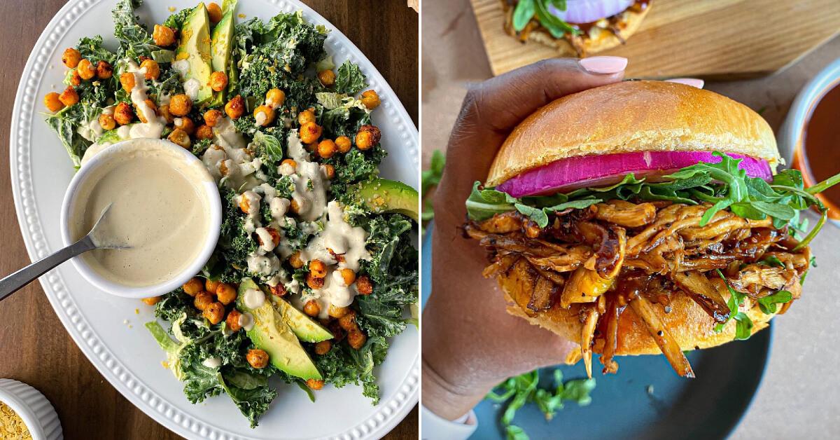 Photo of a vegan Caesar salad with chickpeas and avocado beside a photo of a BBQ pulled mushroom sandwich from Shakayla Felice's Instagram page 