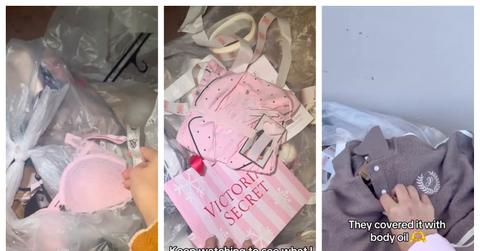 Three screenshots of user glamourddive showcasing her Victoria's Secret dumpster diving haul