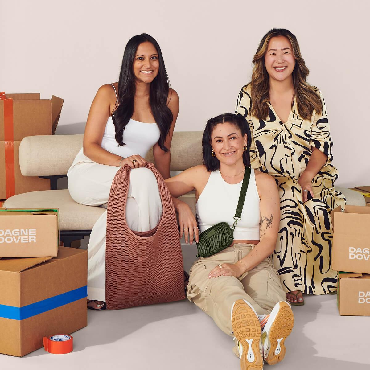 Photo of Dagne Dover's co-founders from left to right: co-founder and COO Deepa Gandhi, co-founder and CCO (Chief Creative Officer) Jessy Dover, and co-founder and CEO Melissa Mash