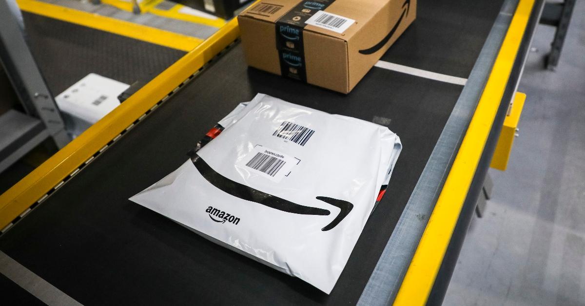 An Amazon bag on a conveyor belt. 