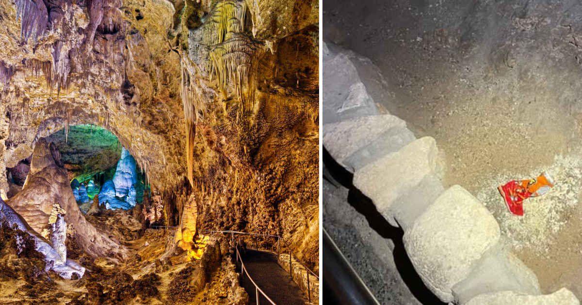(L) Formation in Carlsbad Caverns Big Room. (Representative Cover Image Source: Getty Images | Doug Meek), (R) Discarded Cheetos on the cave floor (Cover Image Source: Facebook | @CarisbadCavernsNPS)