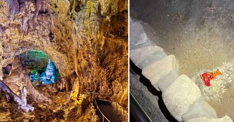 (L) Formation in Carlsbad Caverns Big Room. (Representative Cover Image Source: Getty Images | Doug Meek), (R) Discarded Cheetos on the cave floor (Cover Image Source: Facebook | @CarisbadCavernsNPS)