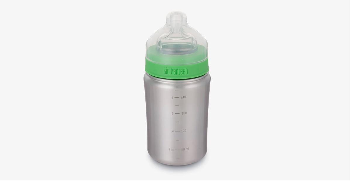 metal baby bottle with green collar