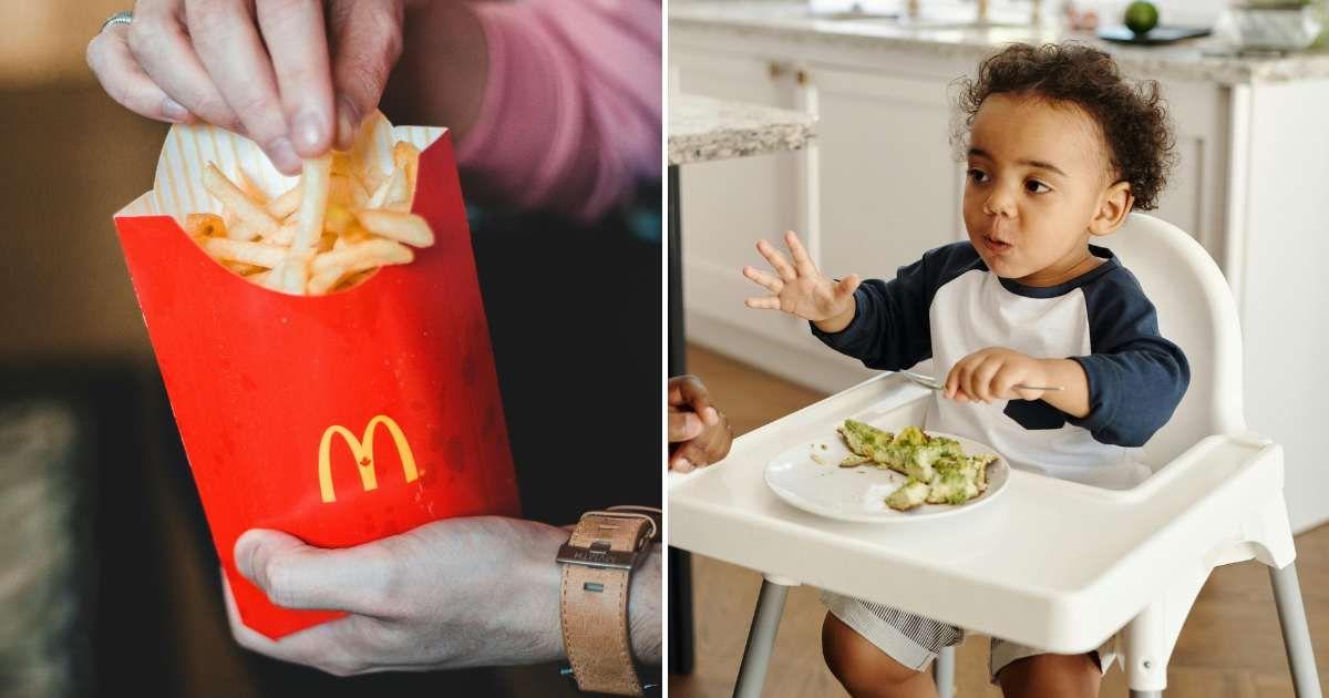 (L) A person holding a red box of McDonald's fries, (R) a Little boy on a high chair refusing to eat. (Representative Cover Image Source: Pexels | (L) Erik McClean, (R) Vanessa Loring)
