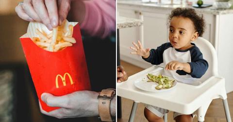 (L) A person holding a red box of McDonald's fries, (R) a Little boy on a high chair refusing to eat. (Representative Cover Image Source: Pexels | (L) Erik McClean, (R) Vanessa Loring)