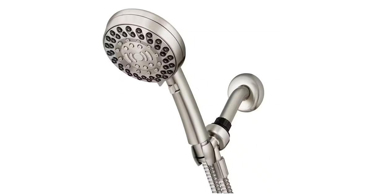 steel handheld shower head on white background