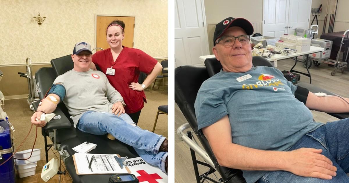 Side-by-side shots of two men donating blood to the Red Cross