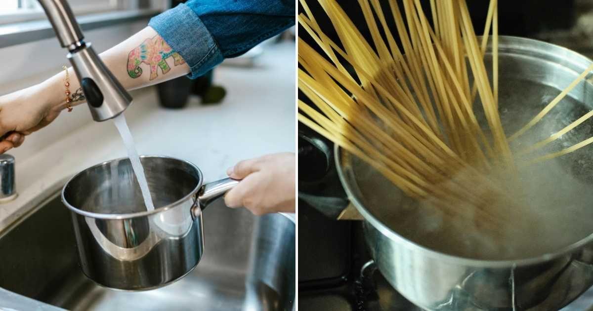 (L) A person filling a pan with hot water from the tap. (R) Spaghetti cooked in boiling water. (Representative Cover Image Source: Pexels | (L) RDNE Stock Project, (R) Gian Piero Ferrero)