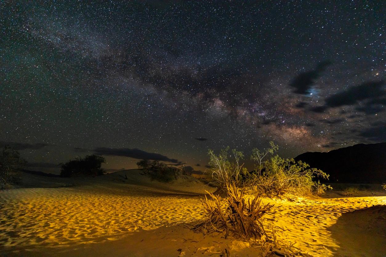 A starry sky above Mesquite Flat Sand Dunes at Death Valley National Park