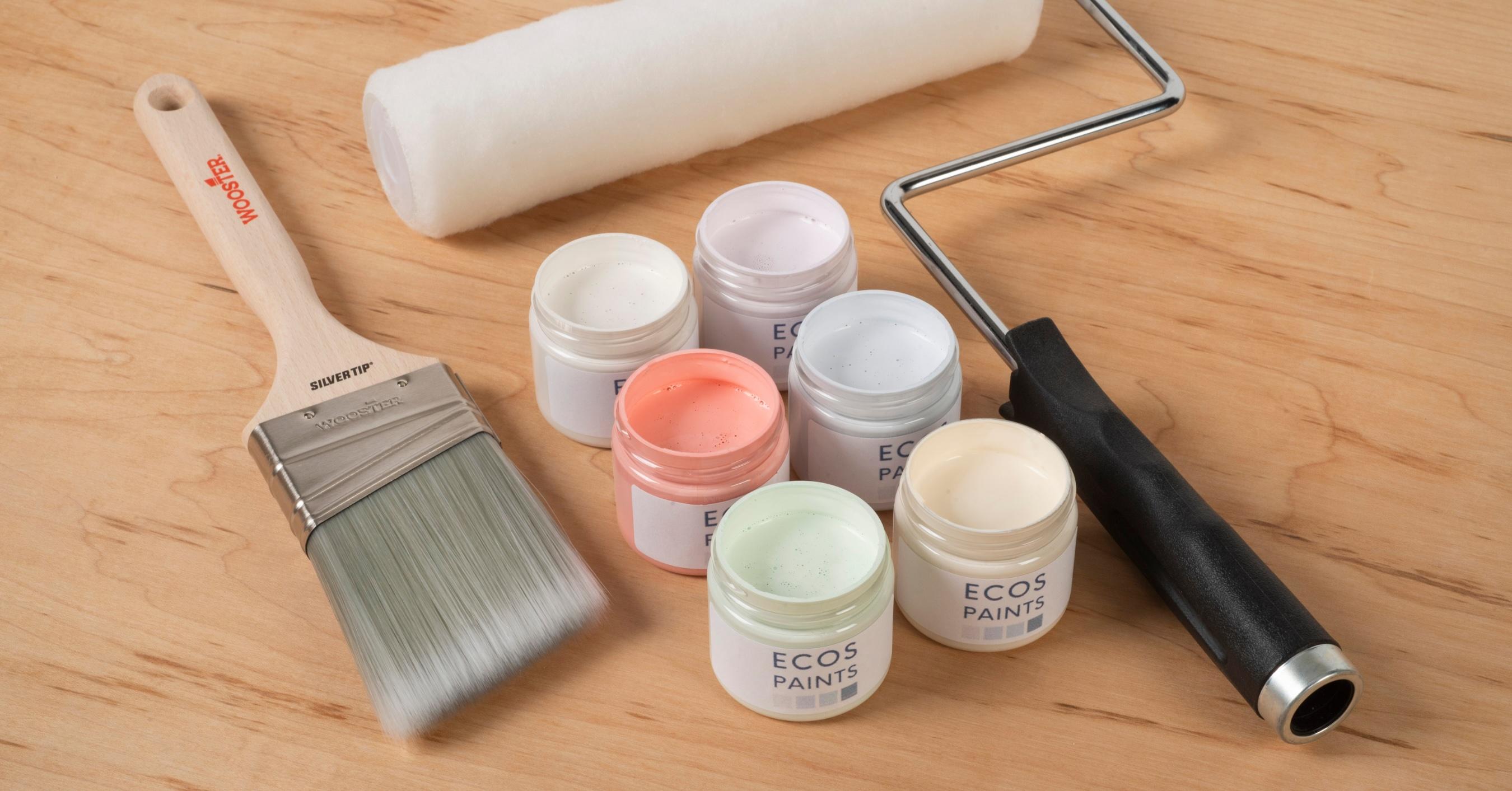 Six containers of ECOS Paints, a paintbrush, and a roller brush on a wooden table.