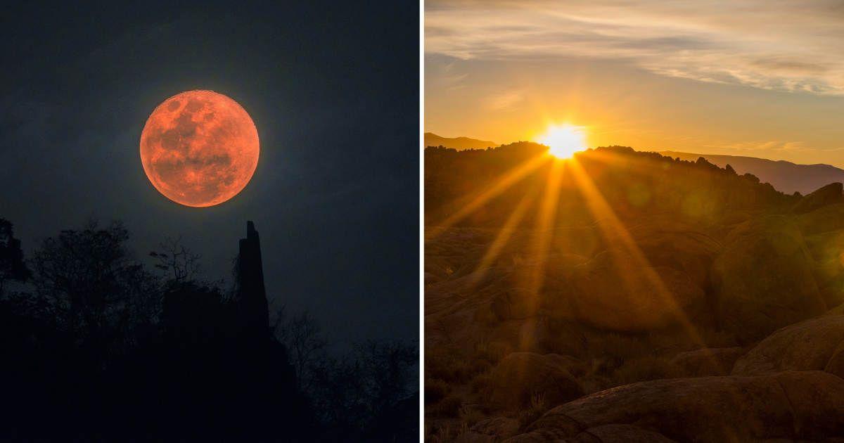 (L) Blood moon or full lunar eclipse over a mountain in Thailand; (R) Sunrise over the Alabama Hills (Representative Cover Image Source: Getty Images | (L) AumPhotography; (R) Jordan Siemens)