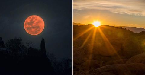 (L) Blood moon or full lunar eclipse over a mountain in Thailand; (R) Sunrise over the Alabama Hills (Representative Cover Image Source: Getty Images | (L) AumPhotography; (R) Jordan Siemens)