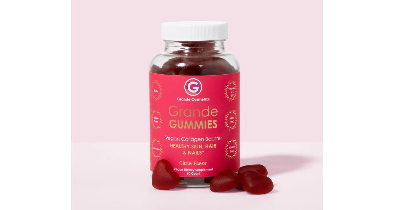 GrandeGUMMIES  - Vegan Collagen Booster Gummies in a red bottle with heart-shaped supplements.