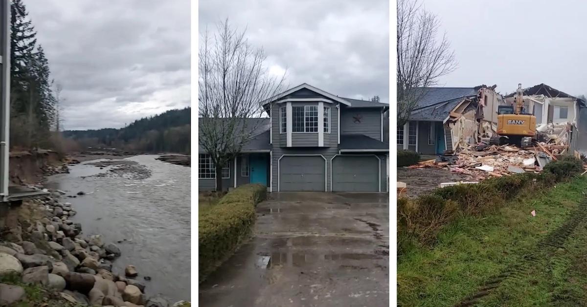 Three screenshots from TikTok video showing home near Pullyap river being demolished