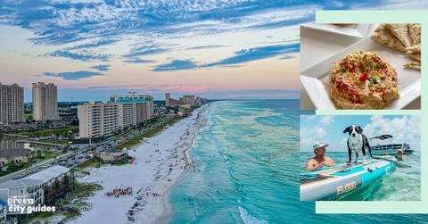 landscape background image of Destin, Florida, alongside smaller photos from Red Onion Organic restaurant and SUP Express paddle board and kayak rental service and Green Matters's "Green City Guides" logo