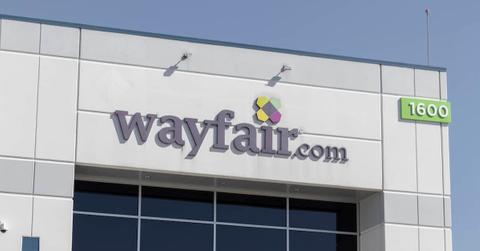 Closeup of Wayfair logo on the front of a building