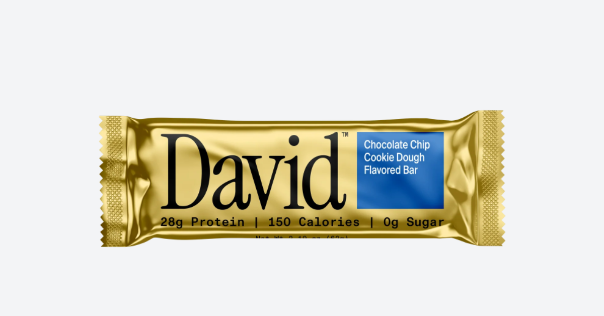 A gold protein bar features the word David on the front